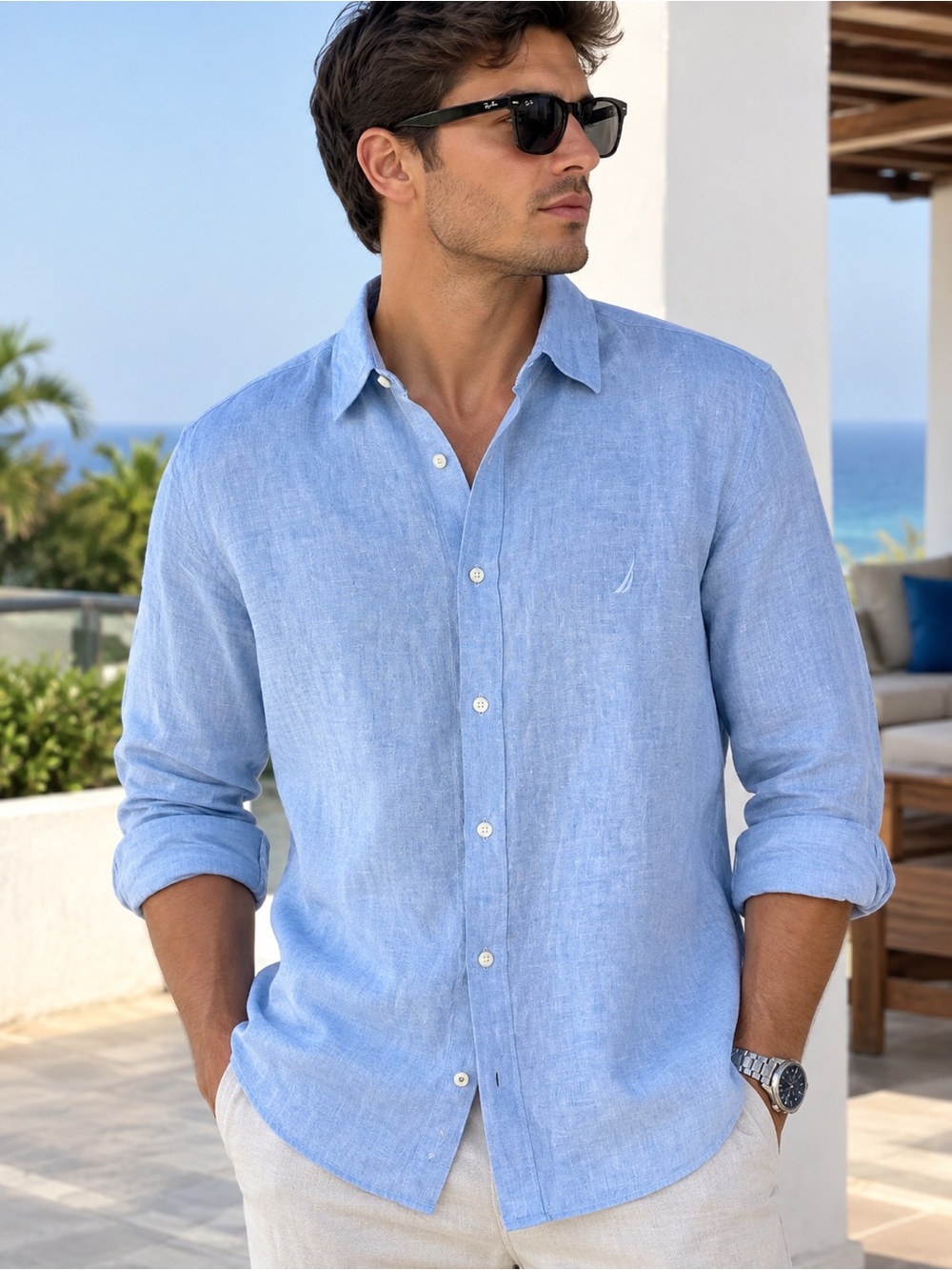 Nautica Light Blue Linen-Blend Button-Up Shirt